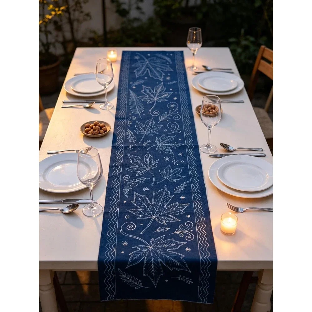 Handmade Indigo Batik Maple Leaf Table Runner, Natural Indigo Cotton Tea Mat